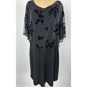 JM Studio Size 12 Black Dress Drape Shimmer Glitter Velvet Floral Cocktail XMAS